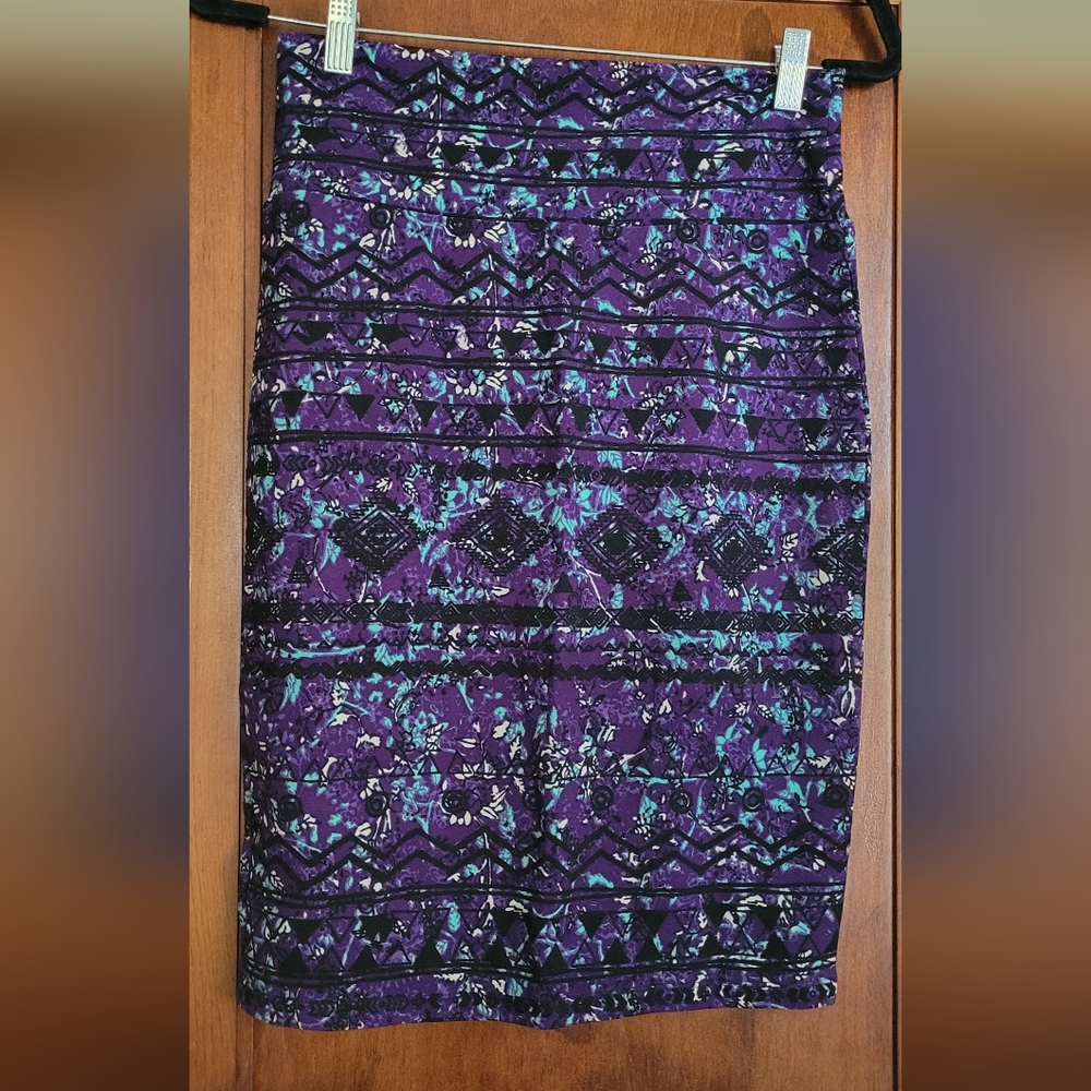 LuLaRoe Vibrant Purple and Teal Patterned Pencil Cassie Skirt #8 - Picture 2 of 3